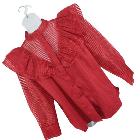 ASHLEY STEWART! RIPE ROUGE REF SHEER STRIPED, RUFFLED POUF SLEEVE BLOUSE! SZ 18 - Picture 8 of 8